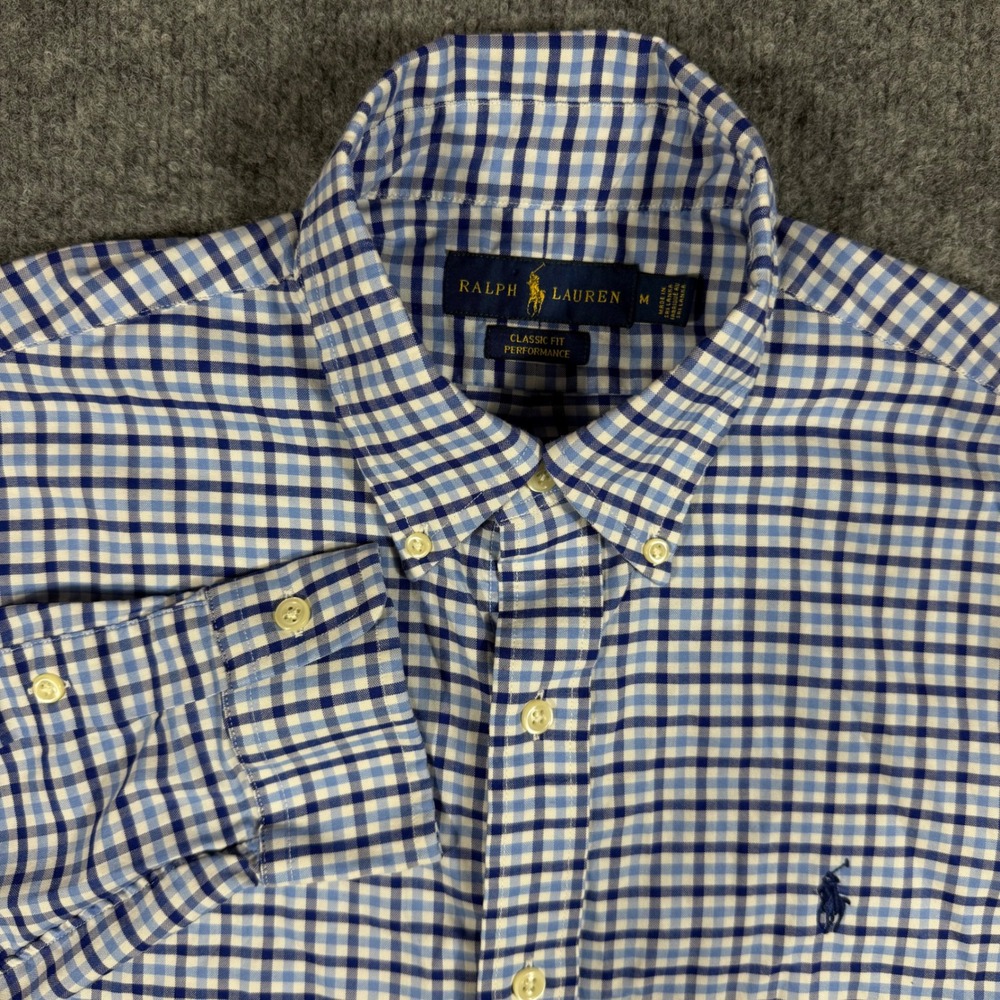 Ralph Lauren Gingham Performance Shirt Mens M Blue Cotton Blend‎ Stretch LS EUC